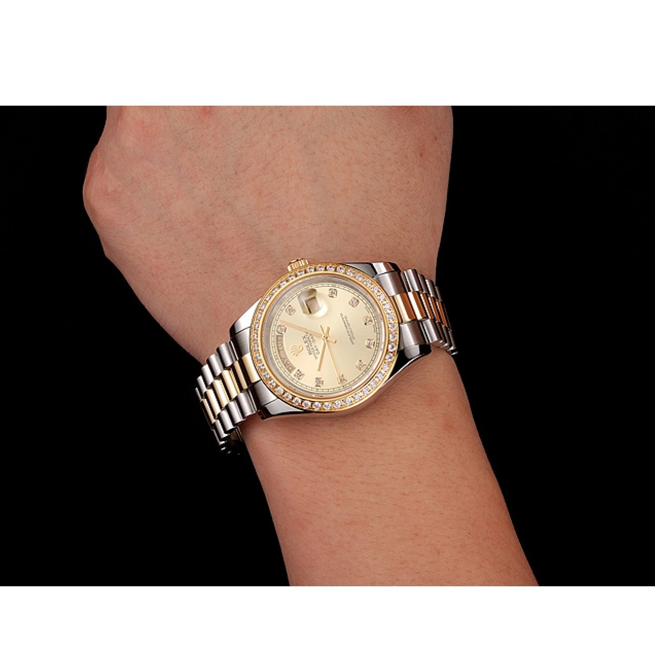 Best AAA Replica Sites Case Gold Two Dial Day-Date 1453974 Tone Bracelet Champagne Steel Stainless Diamond Rolex Swiss 0528
